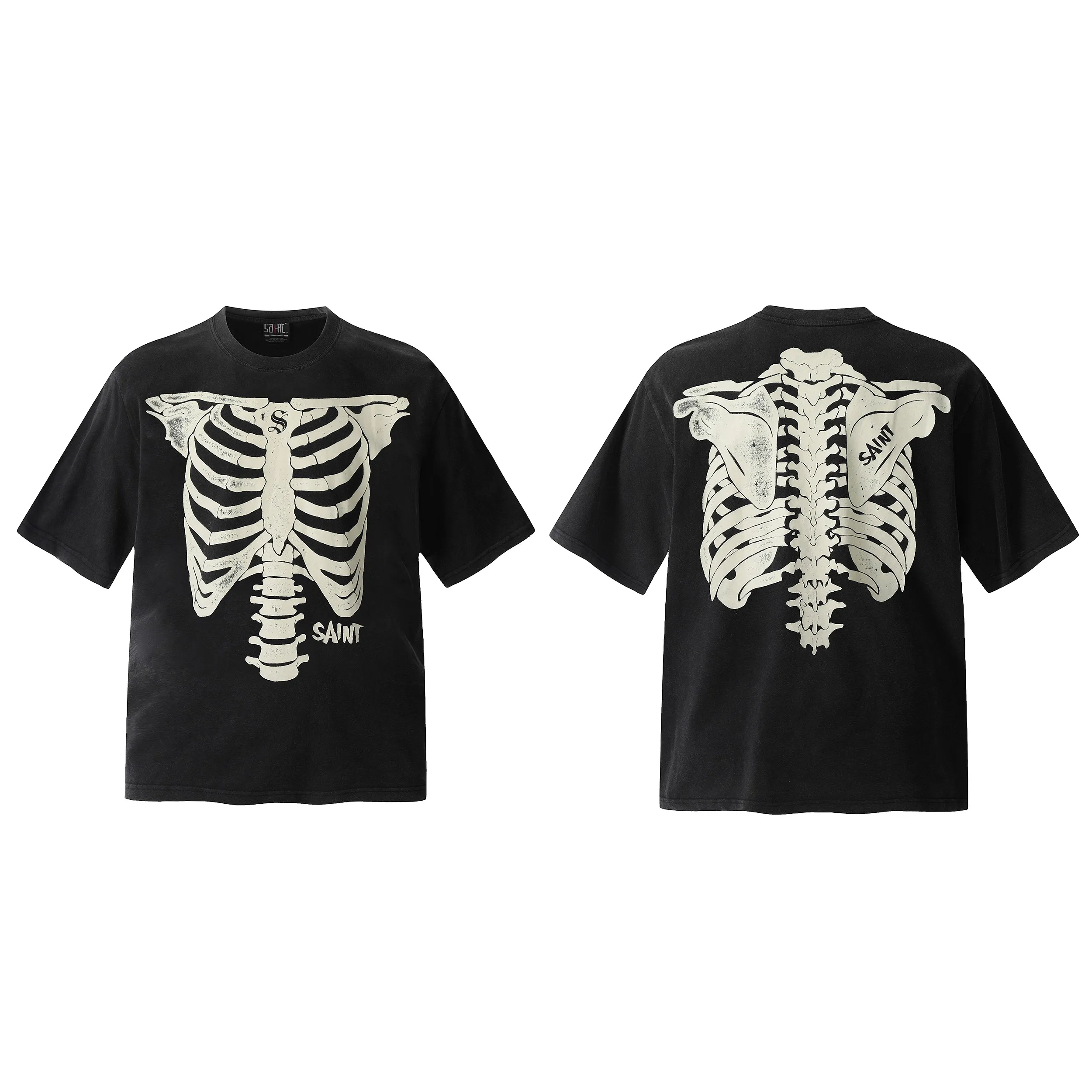 Saint washed vintage skeleton short-sleeved T-shirt Color: washed black Wholesale price: 118 Size: M L XL XXL Style number: 2147